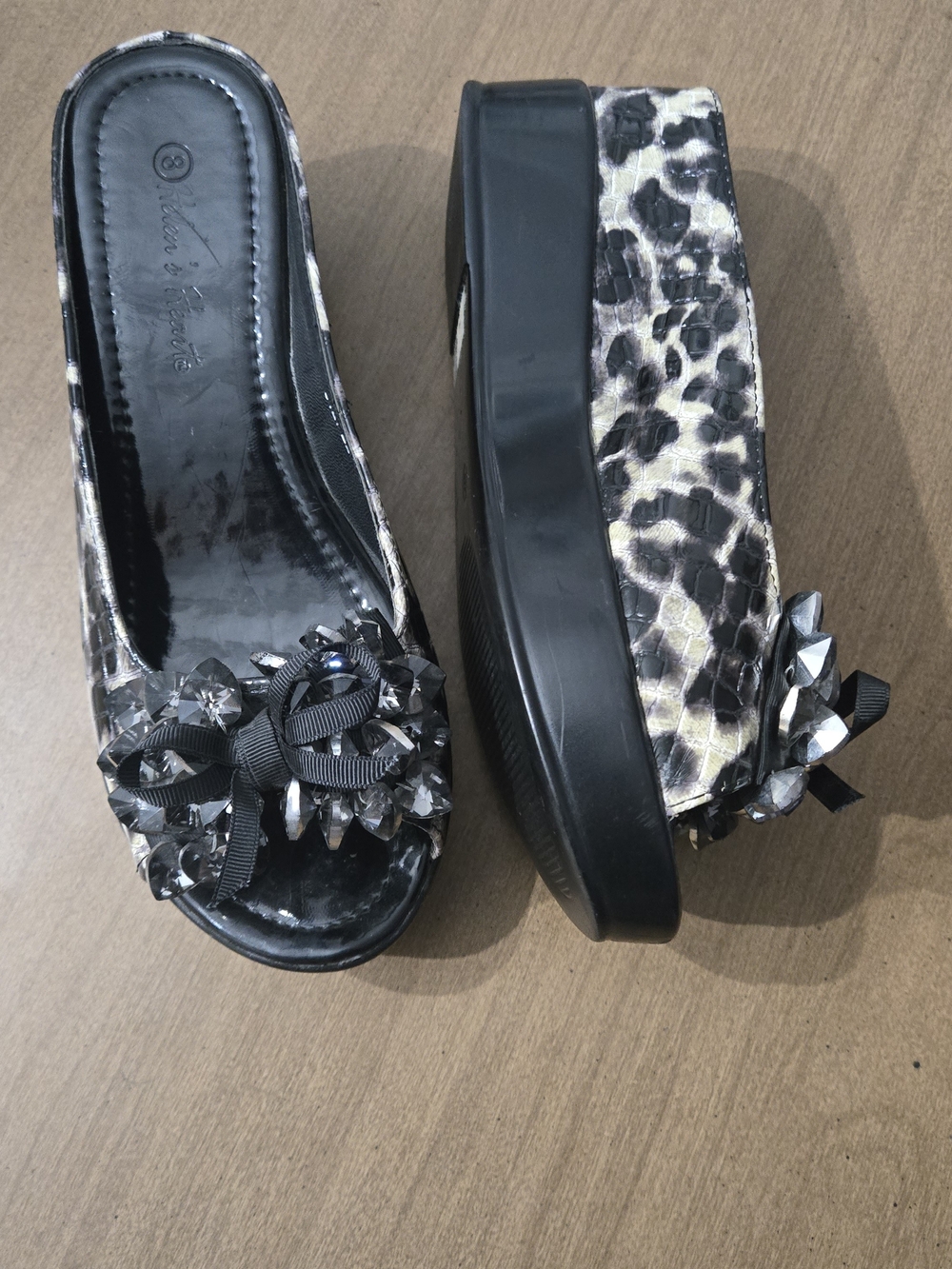 Leopard Print Platform Slide Sandals with Black Crystal Bow